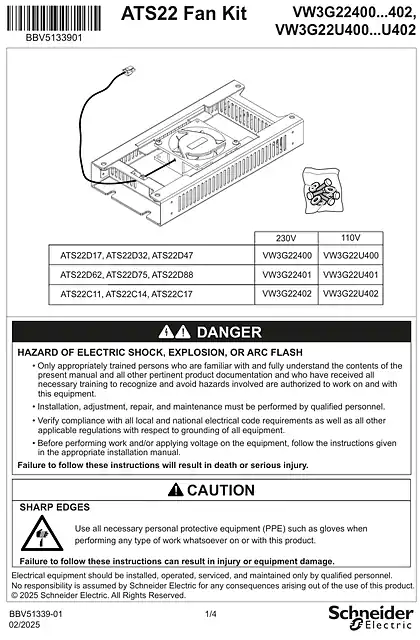 schneider施耐德Instruction Sheet - FAN KIT ATS22 - VW3G22.400...402